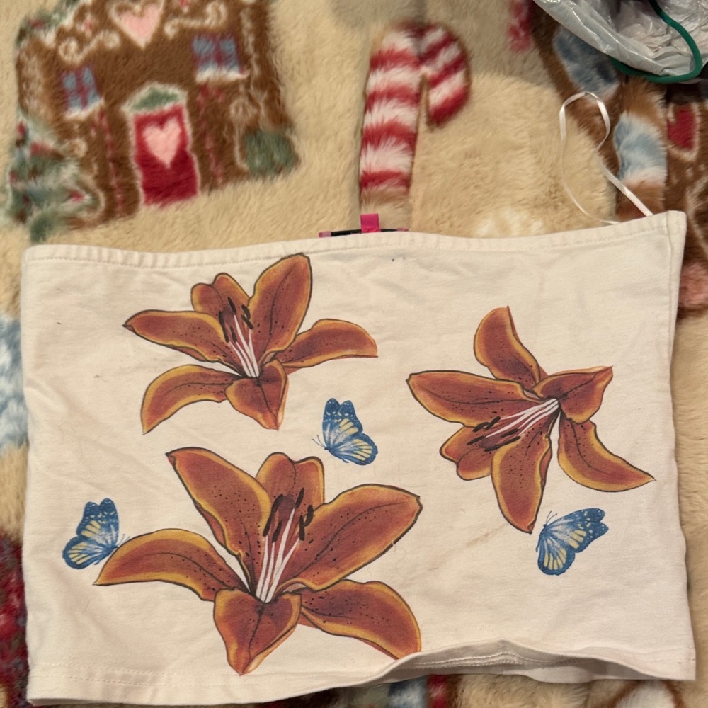 Edikted Cream Crop Top with Orange Floral and Blue Butterfly Design